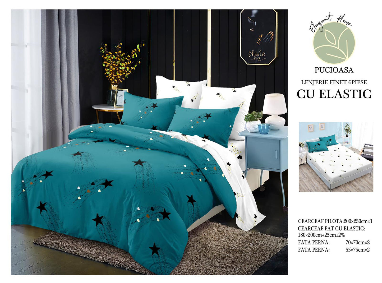 Lenjerie Pat Dublu din Finet, 6 Piese, cu Elastic, Stele-H9061