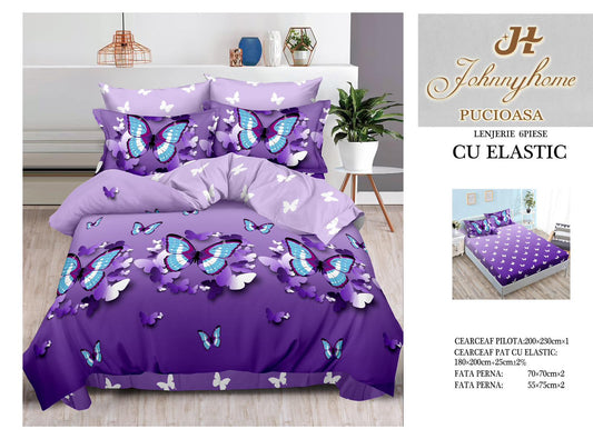 Lenjerie Pat Dublu din Finet, 6 Piese, cu Elastic, Fluturi-H9062