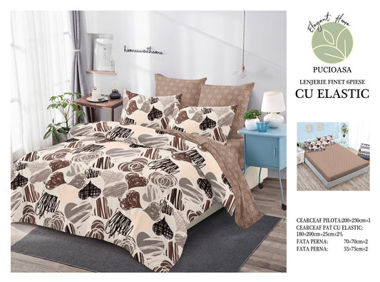 Lenjerie Pat Dublu din Finet, 6 Piese, cu Elastic, Inimi-H9063