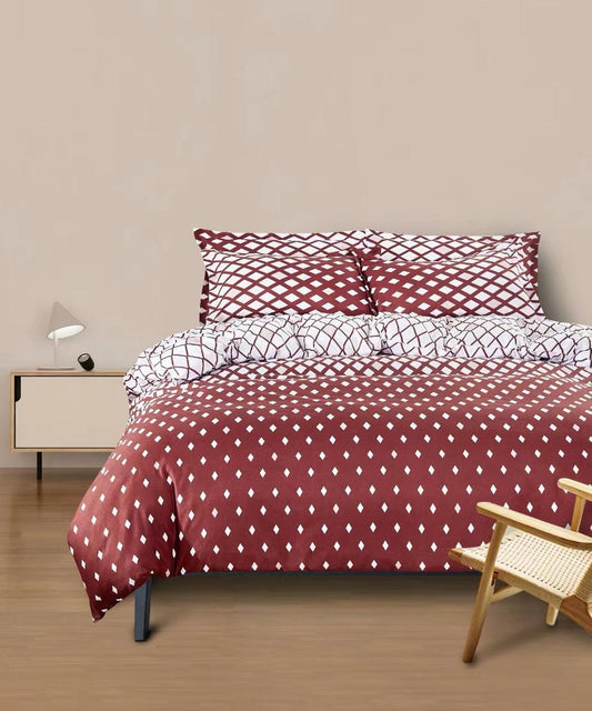 Lenjerie Pat Dublu din Bumbac Satinat Superior cu 4 Piese, Romburi-H8495