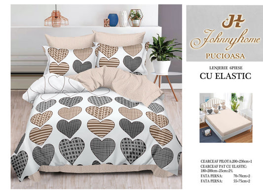 Lenjerie Pat Dublu din Finet, 6 Piese, cu Elastic, Inimi-H9068