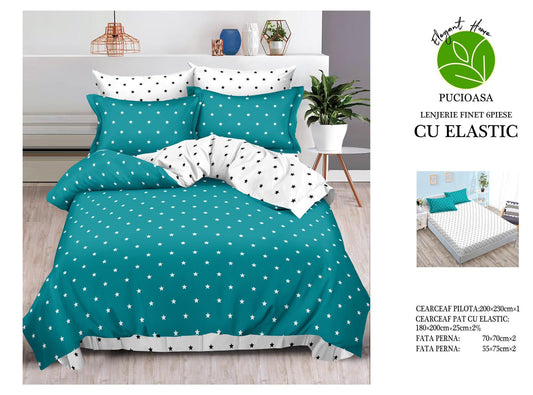 Lenjerie Pat Dublu din Finet, 6 Piese, cu Elastic, Turcoaz/Stele-H9069