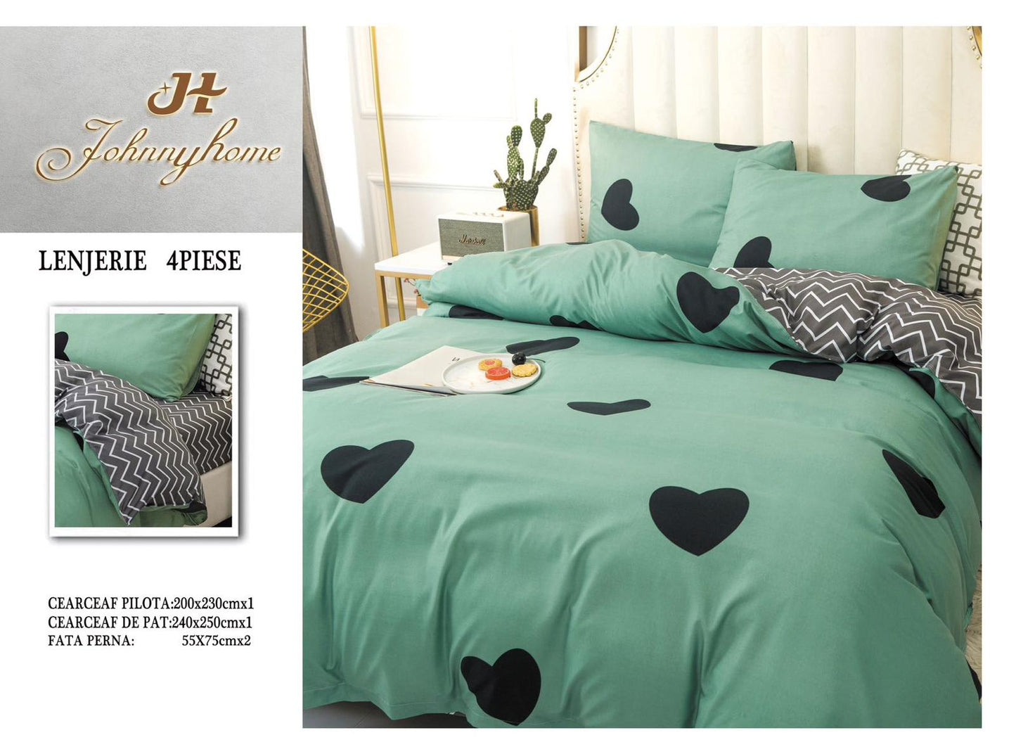 Lenjerie Pat Dublu din Bumbac Satinat Superior cu 4 Piese, Inimi-H8530