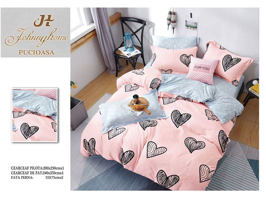 Lenjerie Pat Dublu din Bumbac Satinat Superior cu 4 Piese, Roz/Inimi-H8499