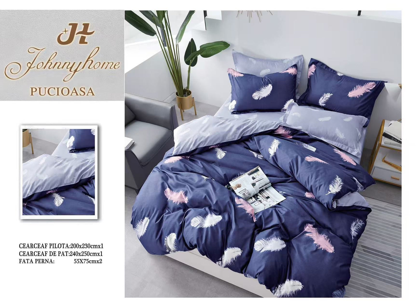 Lenjerie Pat Dublu din Bumbac Satinat Superior cu 4 Piese, Pene-H8539