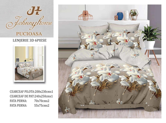 Lenjerie 3D Pat Dublu Bumbac Satinat cu 6 Piese, Flori-H8821