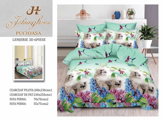 Lenjerie 3D Pat Dublu Bumbac Satinat cu 6 Piese, Pisicute-H8822