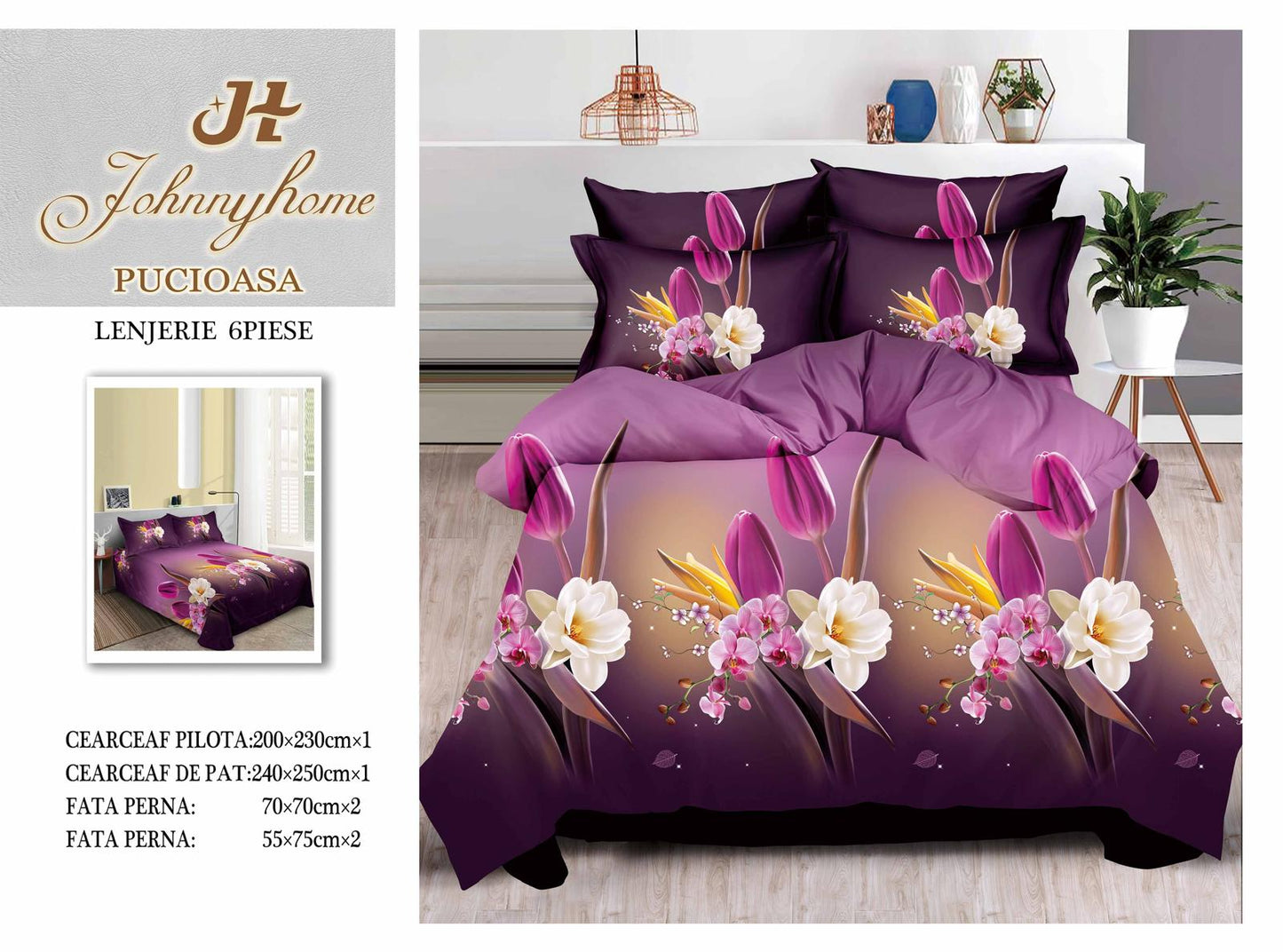 Lenjerie 3D Pat Dublu Bumbac Satinat cu 6 Piese, Flori-H8843