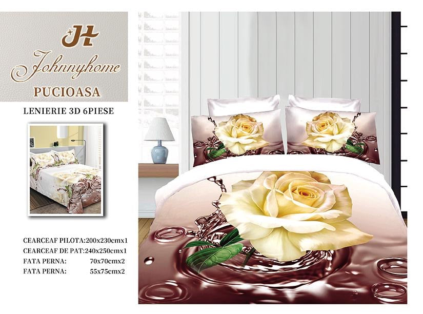 Lenjerie 3D Pat Dublu Bumbac Satinat cu 6 Piese, Trandafir-H8844