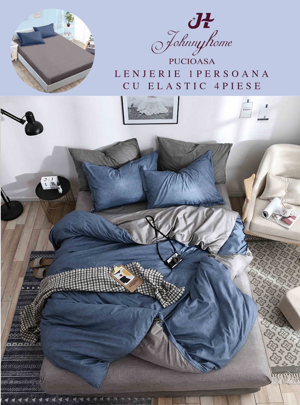 Lenjerie 4 Piese 1 Persoana, cu Elastic, din Bumbac Satinat, Bleumarin/Gri-H9029