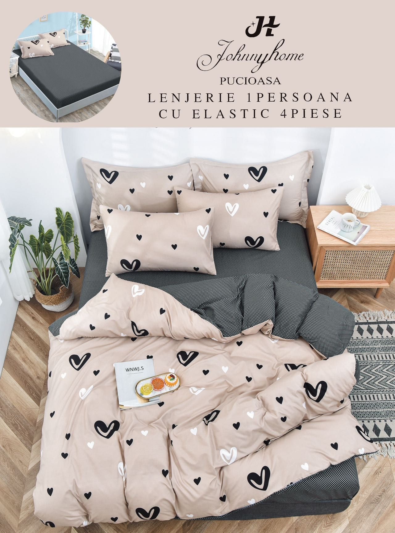 Lenjerie 4 Piese 1 Persoana, cu Elastic, din Bumbac Satinat, Bej/Inimi-H9032