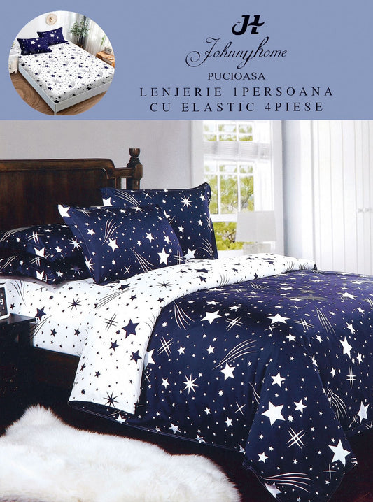 Lenjerie 4 Piese 1 Persoana, cu Elastic, din Bumbac Satinat, Stelute-H9035
