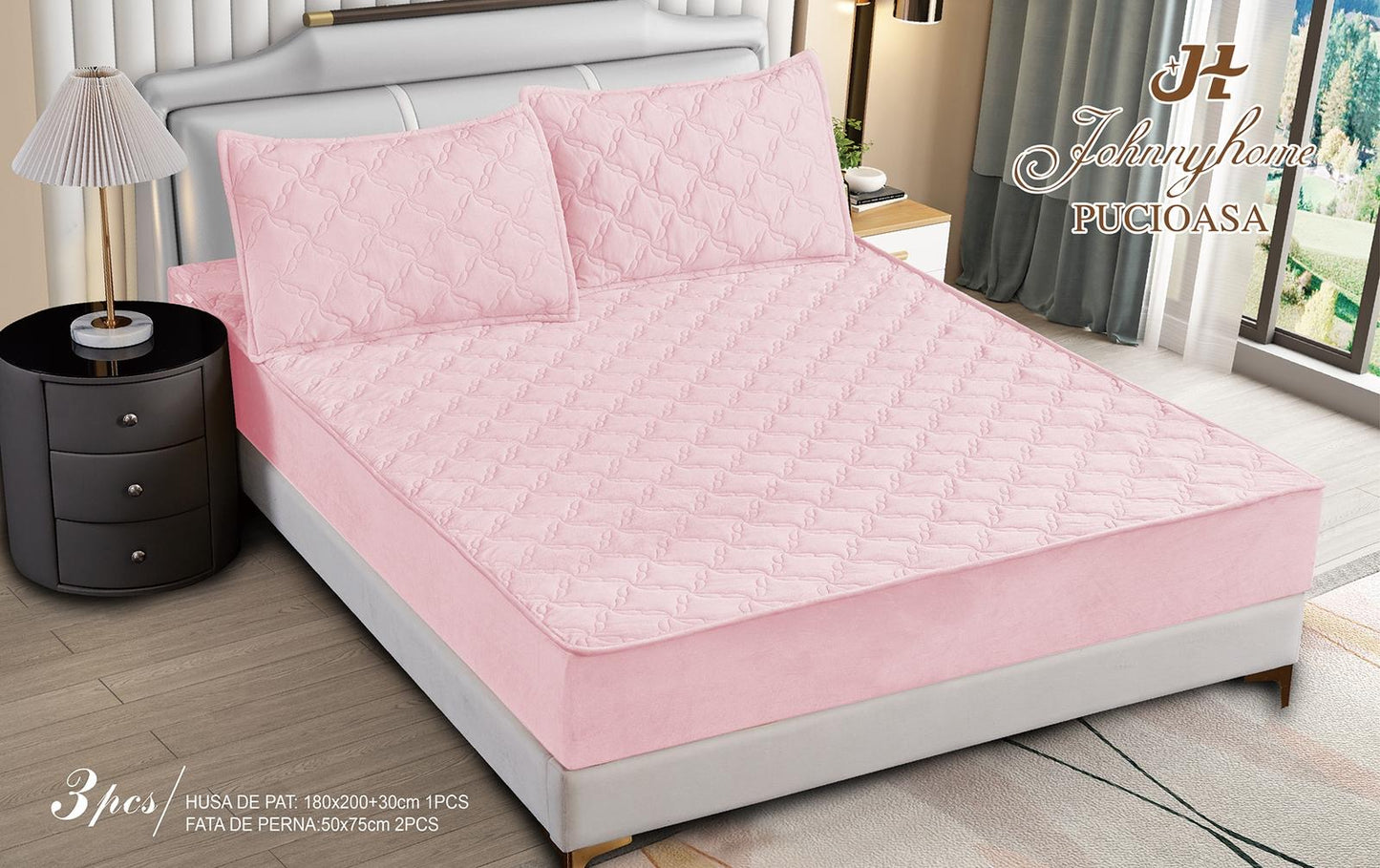 Husa matlasata tip topper din catifea, 180x200cm+2 fete de perna 50x70cm, Roz Deschis-H9172