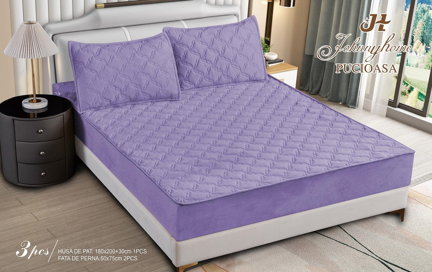 Husa matlasata tip topper din catifea, 180x200cm+2 fete de perna 50x70cm, Mov-H9182