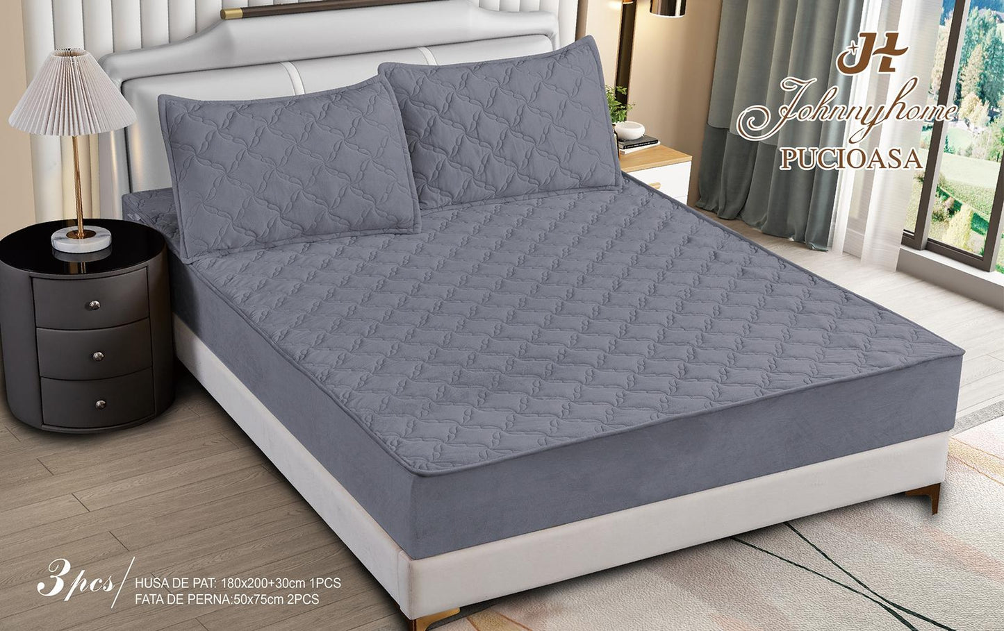 Husa matlasata tip topper din catifea, 180x200cm+2 fete de perna 50x70cm, Gri Inchis-H9181