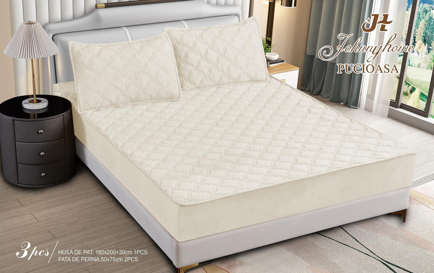 Husa matlasata tip topper din catifea, 180x200cm+2 fete de perna 50x70cm, Crem-H9173