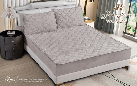 Husa matlasata tip topper din catifea, 180x200cm+2 fete de perna 50x70cm, Gri Deschis-H9185