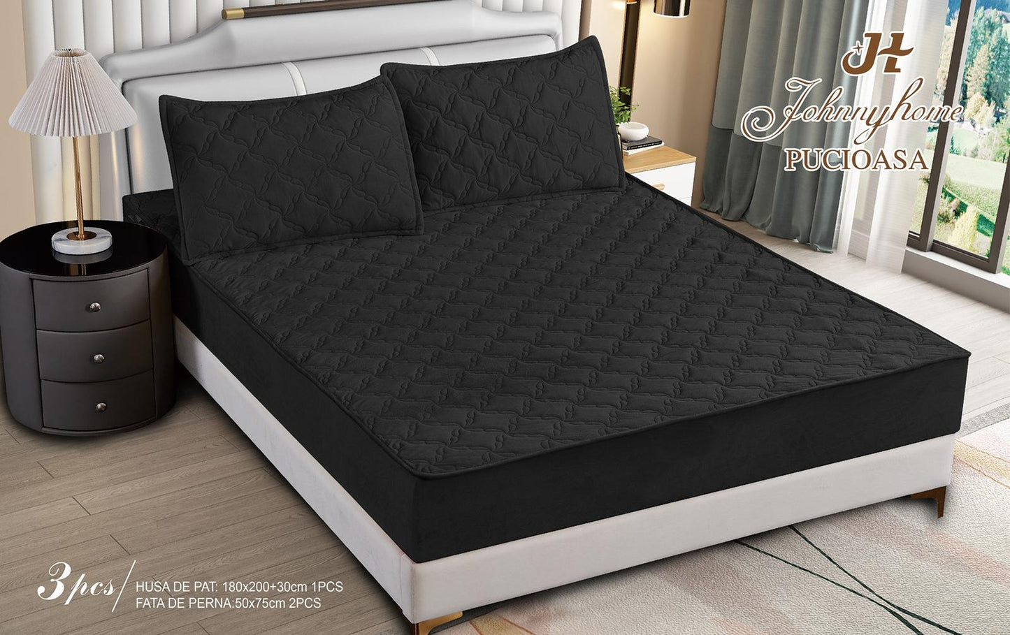 Husa matlasata tip topper din catifea, 180x200cm+2 fete de perna 50x70cm, Negru-H9177