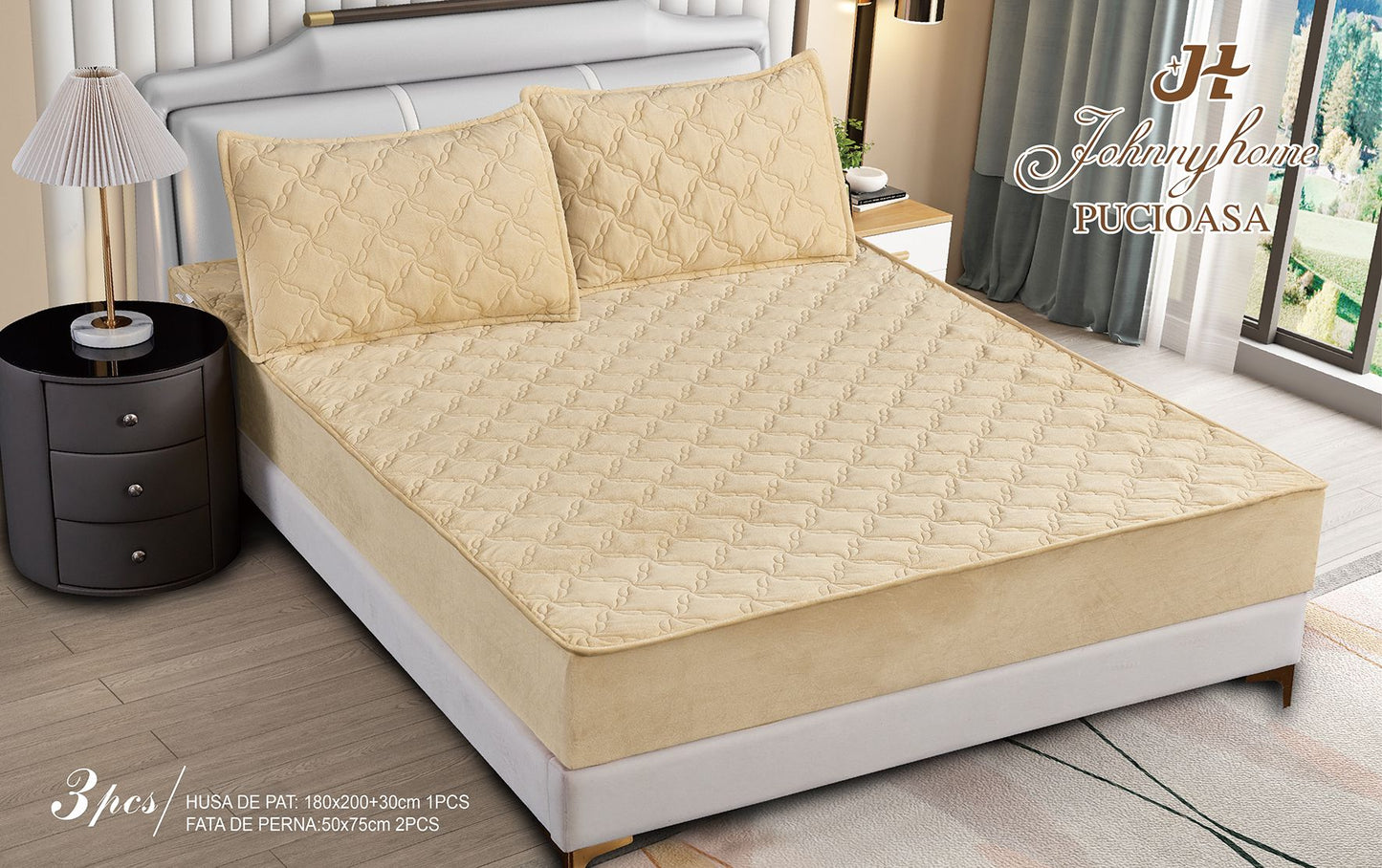 Husa matlasata tip topper din catifea, 180x200cm+2 fete de perna 50x70cm, Bej-H9174