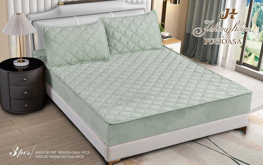 Husa matlasata tip topper din catifea, 180x200cm+2 fete de perna 50x70cm, Verde Fistic-H9175