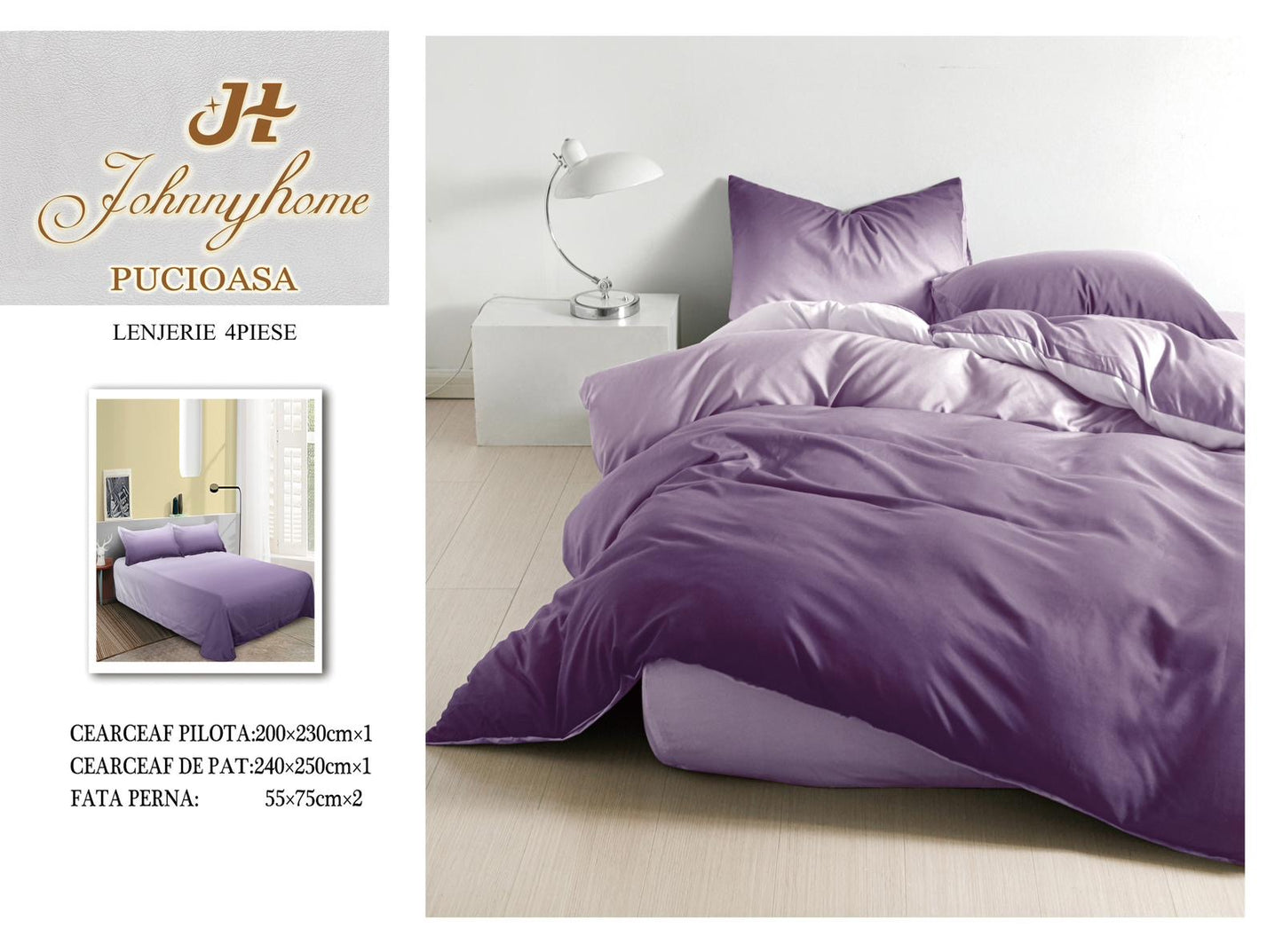 Lenjerie Pat Dublu din Bumbac Satinat Superior cu 4 Piese, Mov Degrade-H8532