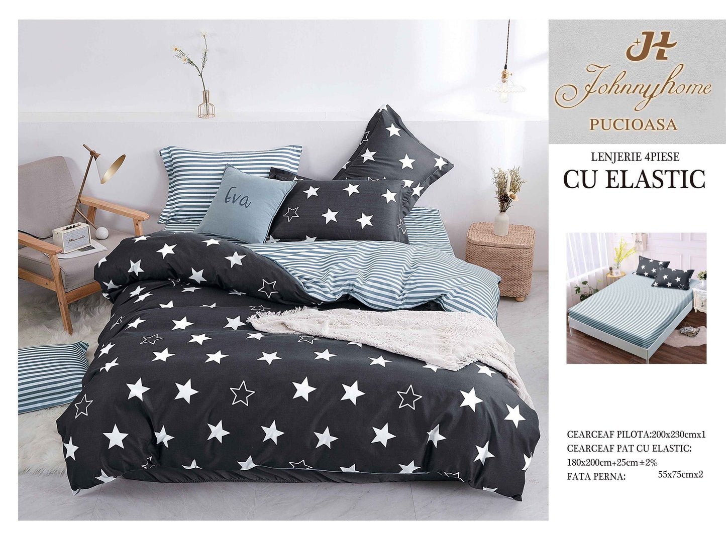 Lenjerie Pat Dublu cu Elastic din Bumbac Satinat Superior cu 4 Piese, Stele-H8755