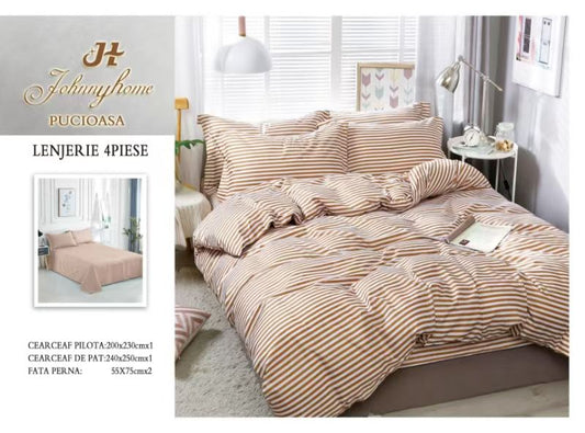 Lenjerie Pat Dublu din Bumbac Satinat Superior cu 4 Piese, Dungi-H8590