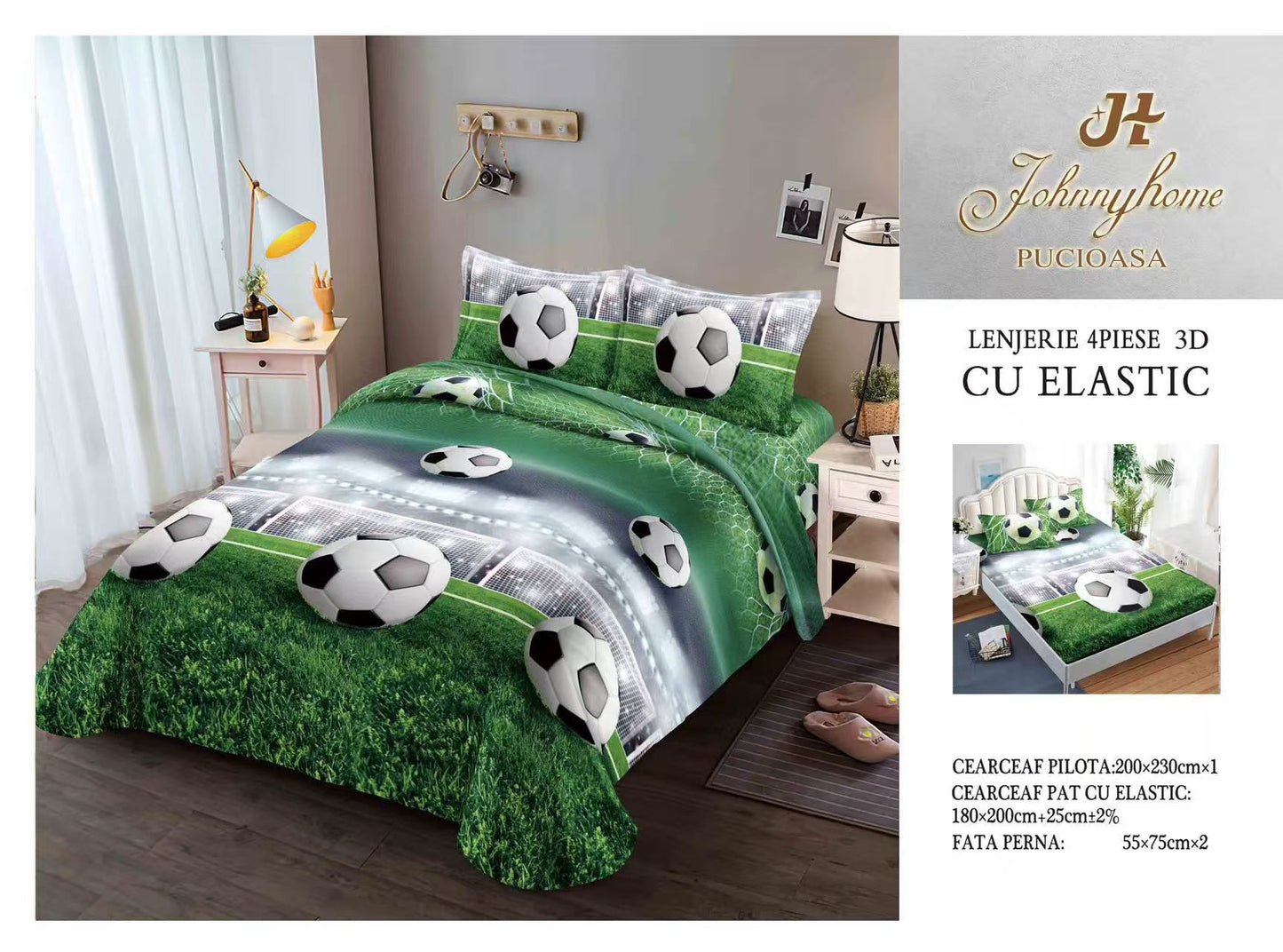 Lenjerie 3D cu Elastic din Bumbac Satinat Superior cu 4 Piese, Fotbal-H8817