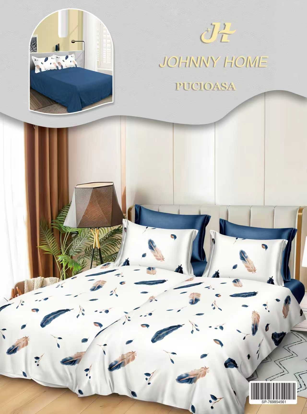 Lenjerie Pat Dublu Bumbac Satinat 7 Piese, cu 2 Cearceafuri de pilota, Pene-H8802