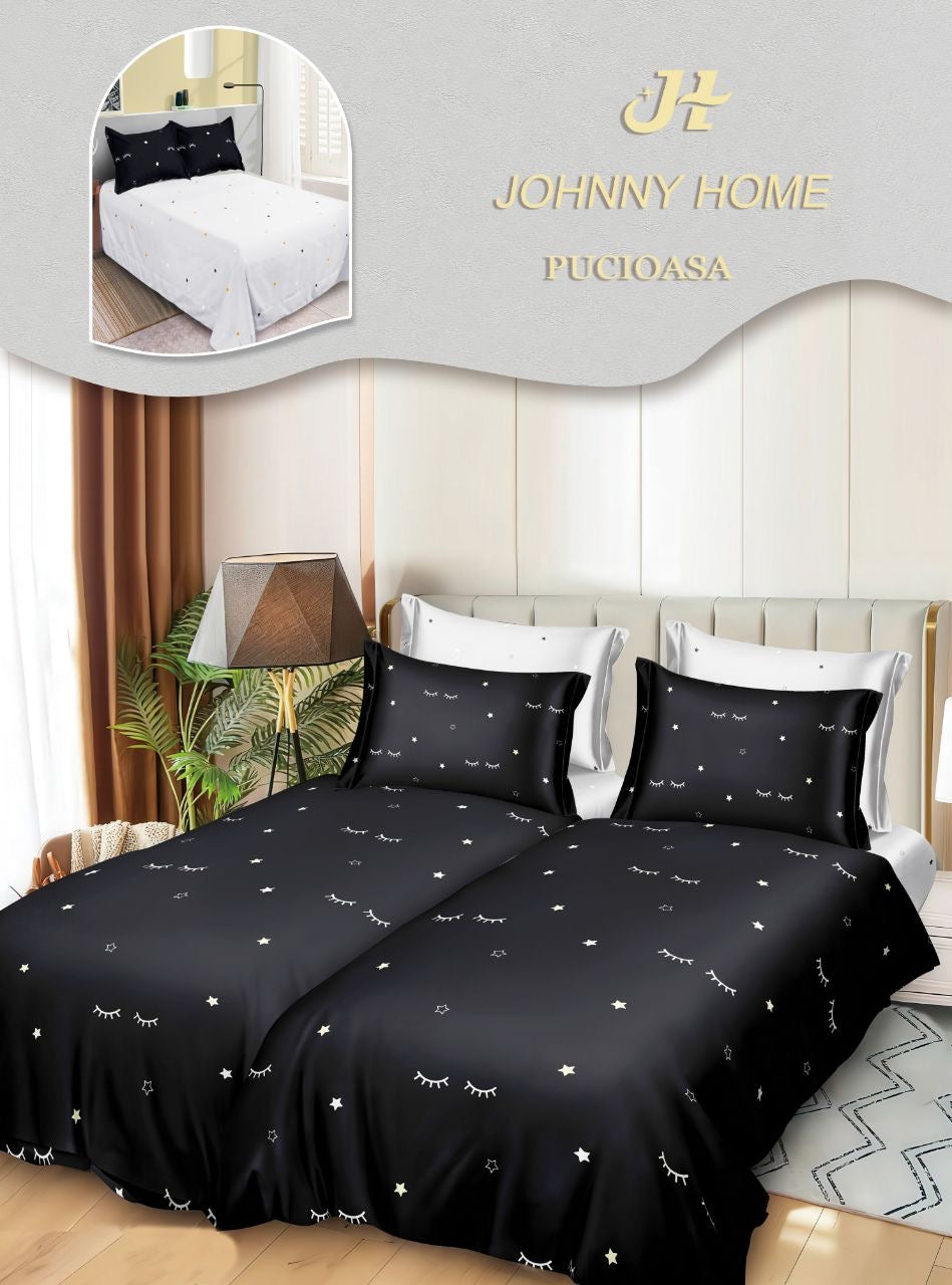 Lenjerie Pat Dublu Bumbac Satinat 7 Piese, cu 2 Cearceafuri de pilota, Negru/Gene-H8801