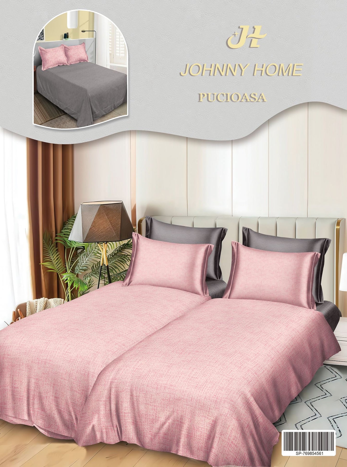 Lenjerie Pat Dublu Bumbac Satinat 7 Piese, cu 2 Cearceafuri de pilota, Roz/Gri-H8794