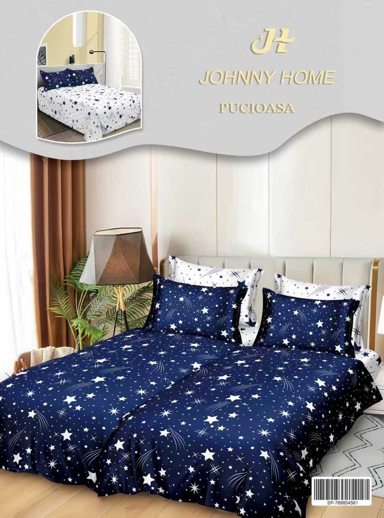 Lenjerie Pat Dublu Bumbac Satinat 7 Piese, cu 2 Cearceafuri de pilota, Stele-H8806