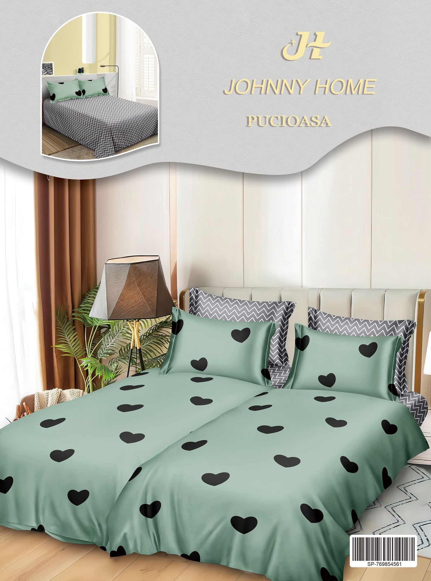 Lenjerie Pat Dublu Bumbac Satinat 7 Piese, cu 2 Cearceafuri de pilota, Verde/Inimi-H8793