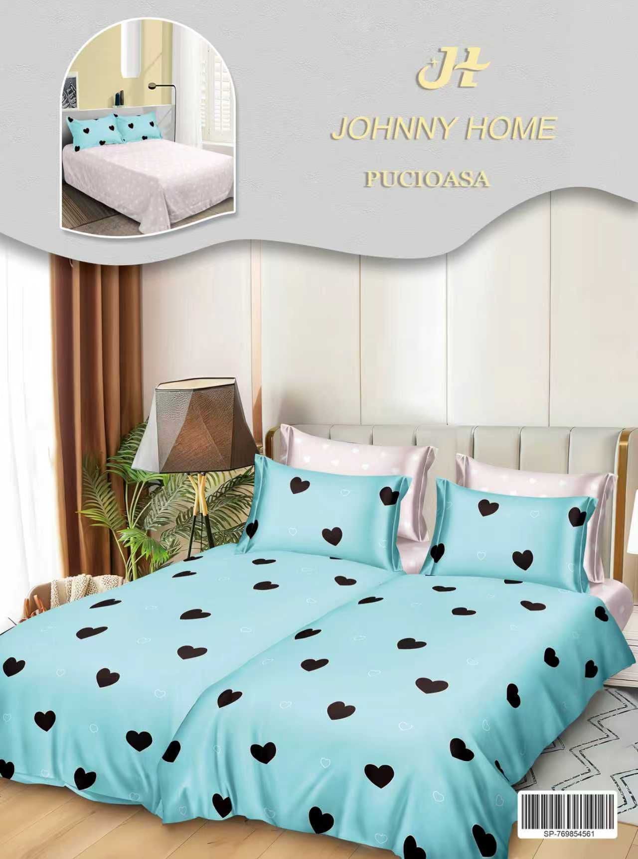 Lenjerie Pat Dublu Bumbac Satinat 7 Piese, cu 2 Cearceafuri de pilota, Inimi-H8798