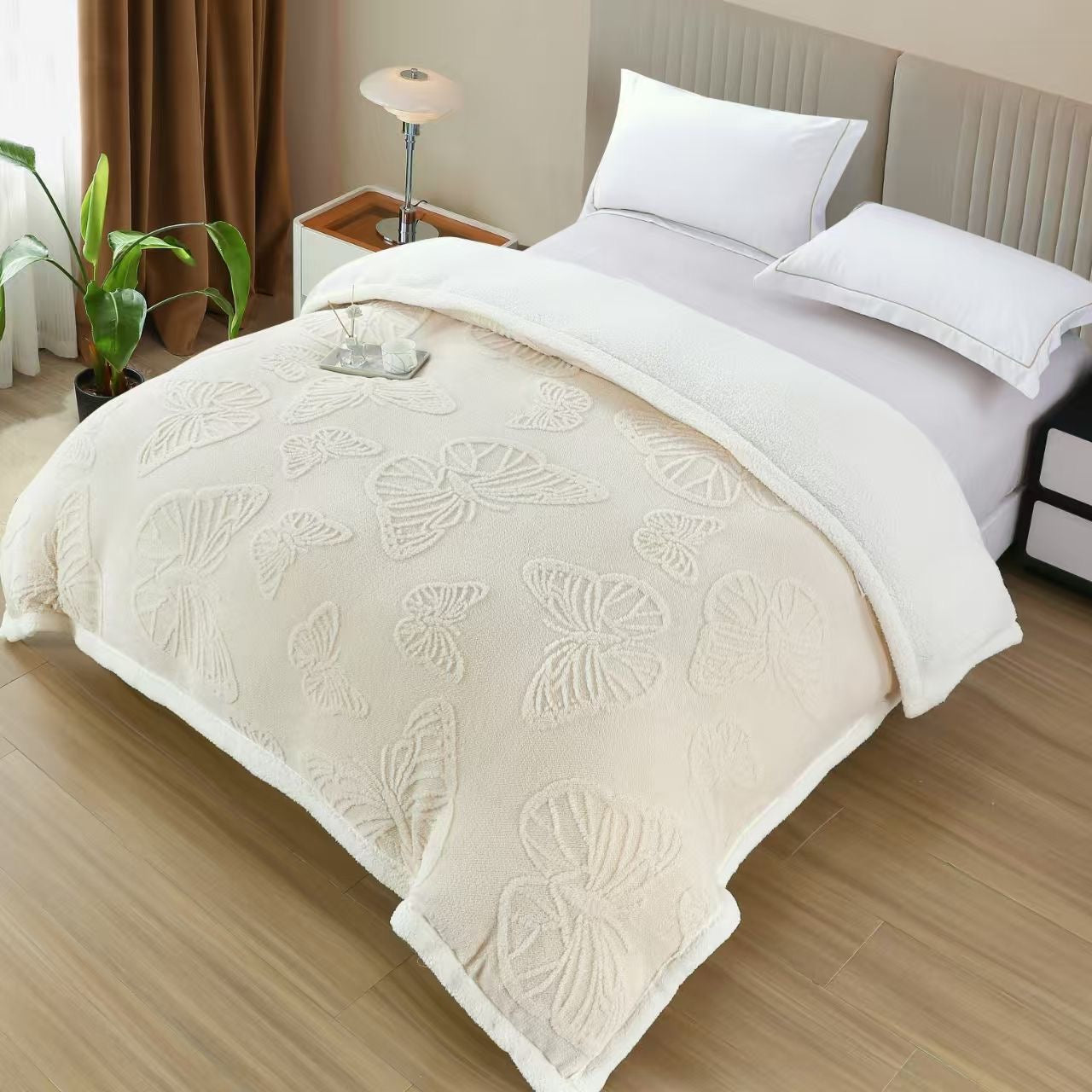 Patura Cocolino cu Fermoar, Blanita si Fluturi 3D Gofrati, 200x230cm, Crem-H9281