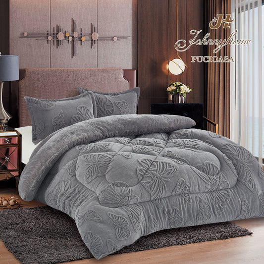 Pilota Cocolino cu Blanita, Fluturi 3D Gofrati, 200x230cm+2 Fete de Perna, Gri-H9254