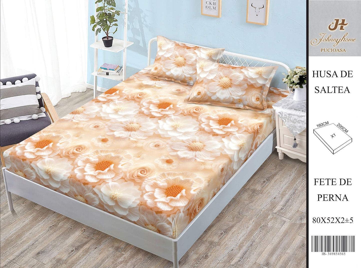 Husa de pat din Bumbac Satinat, 160x200cm+2 Fete de Perna 52x80cm-H9944